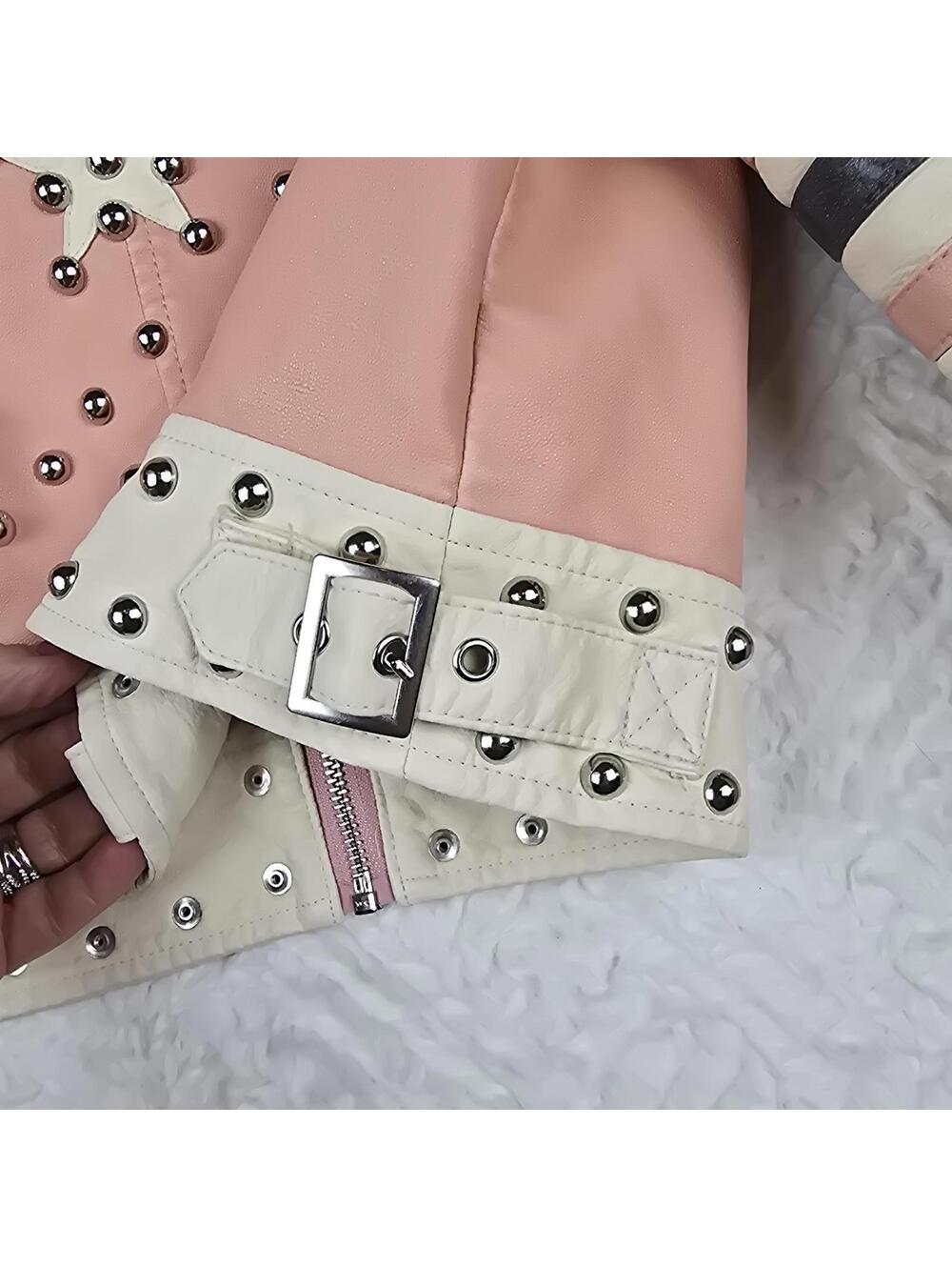Urban Outfitters Pink Cream Studded Cropped Moto Jacket Women's XS - Picture 8 of 9